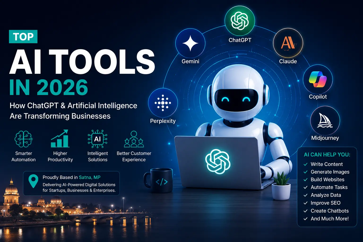 Top AI Tools in 2026 including ChatGPT, Gemini, Claude, Copilot, Perplexity, and Midjourney transforming businesses with artificial intelligence.