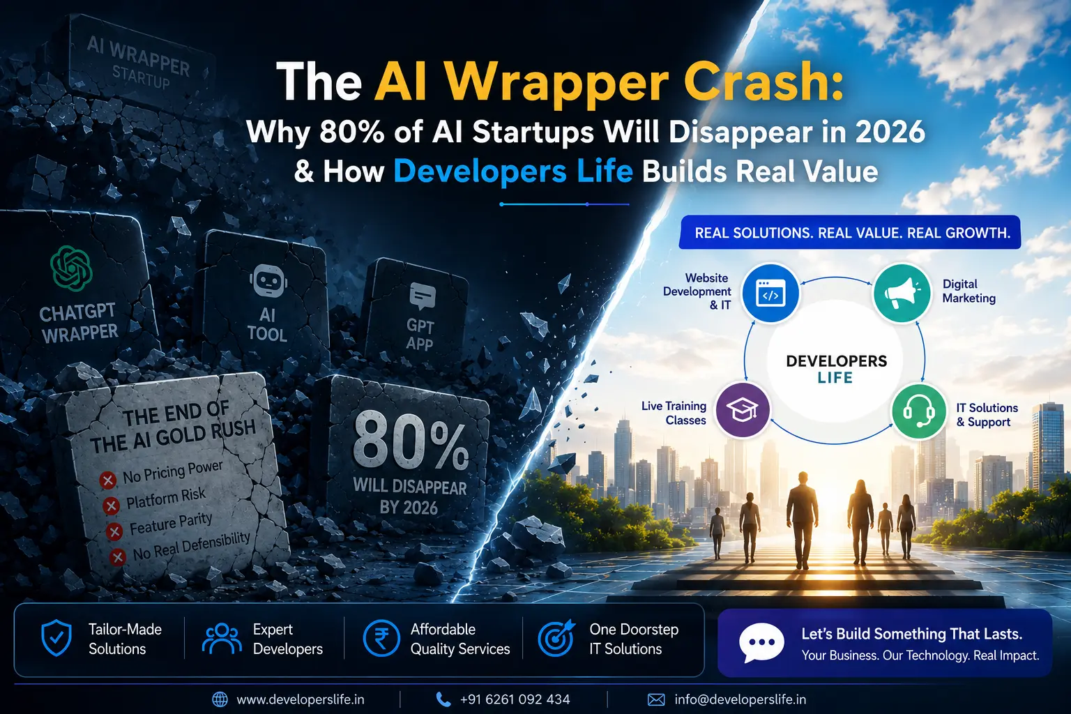 The AI Wrapper Crash 2026 – Why 80% of AI startups will disappear and how Developers Life builds real business value through custom web development and IT solutions.